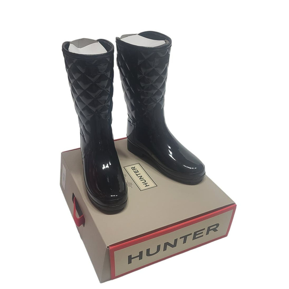 Hunter refined gloss quilt short black boots women's size 7 - Picture 1 of 15